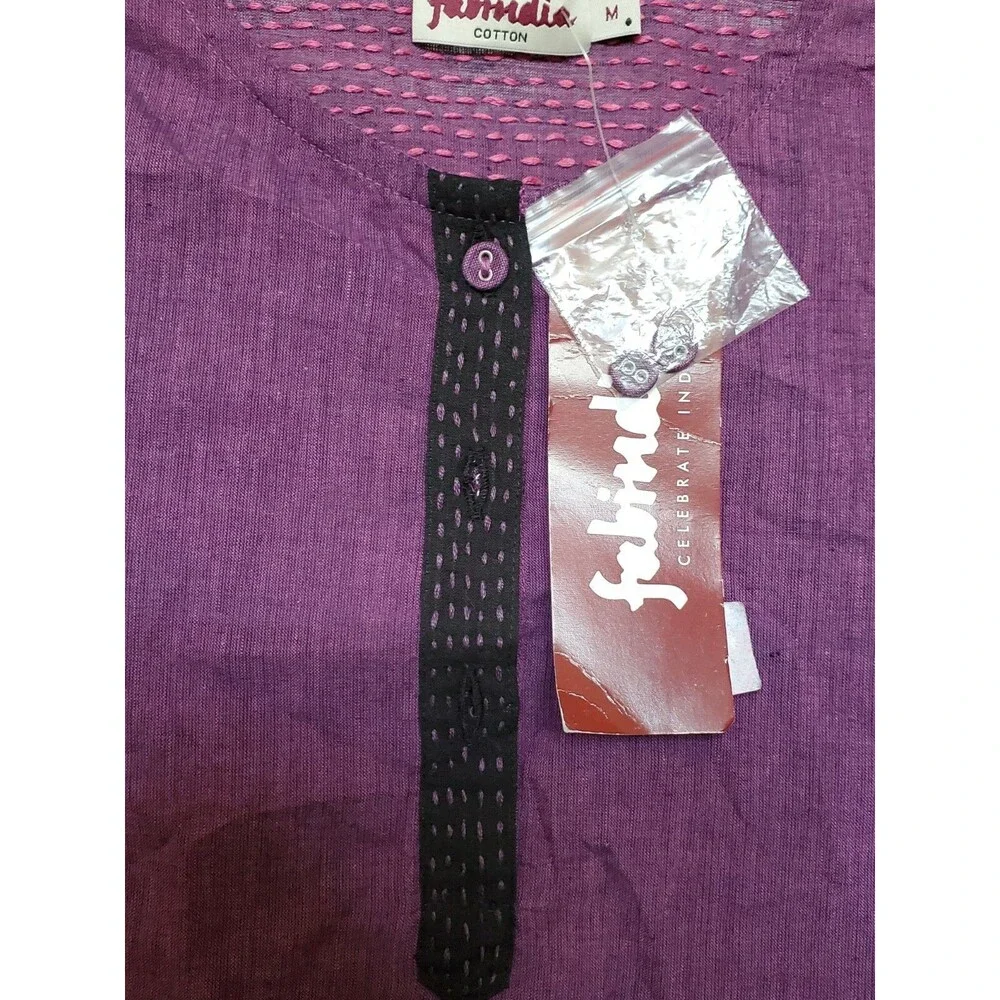 New Fabindia Purple eggplant woven Print Cotton Gota trim Tunic Top shirt sz M